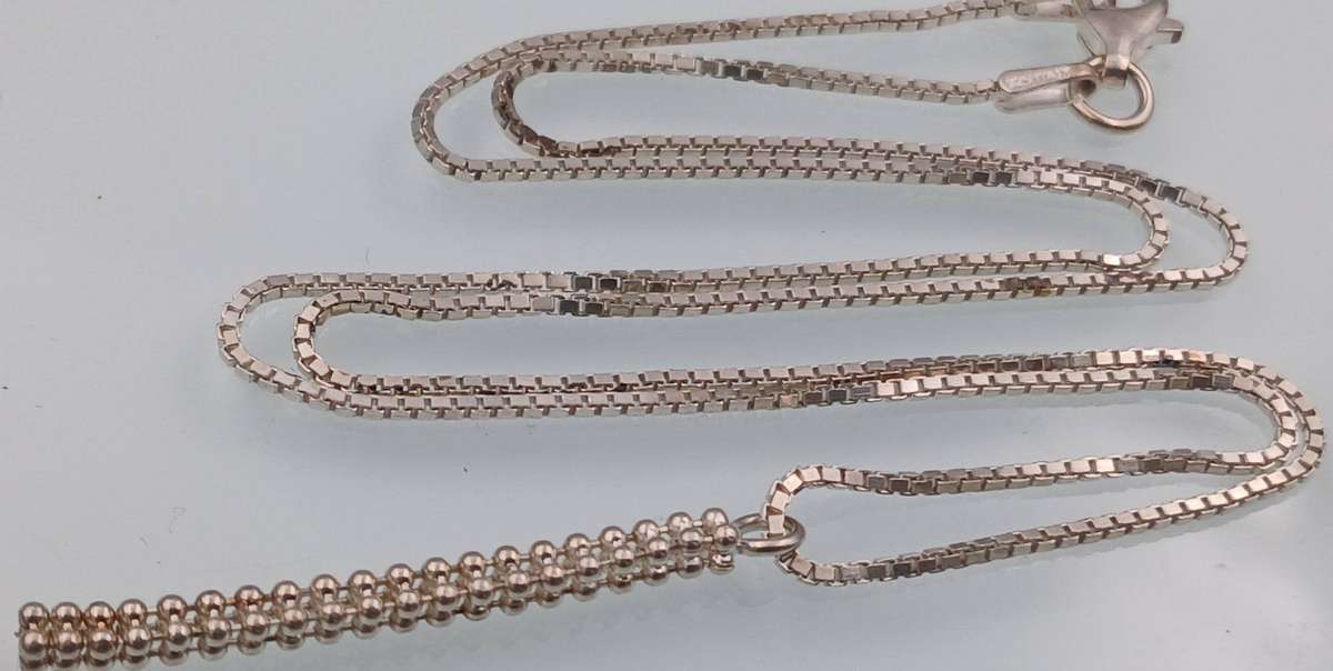 Sterling Silver Box Chain Necklace with Beaded Bar Pendant