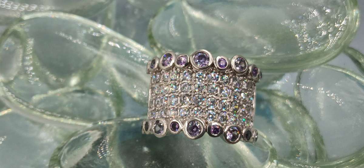 Wide Sterling Silver Ring with Amethyst Abstract Bubbles