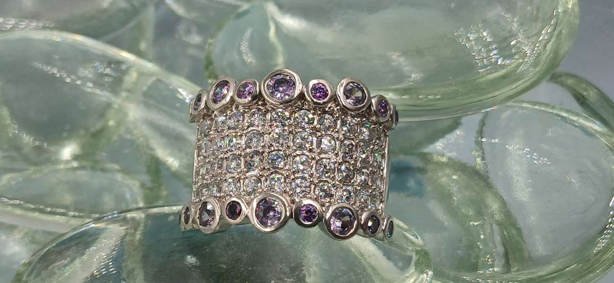 Wide Sterling Silver Ring with Amethyst Abstract Bubbles