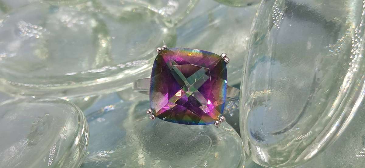 Beautiful Square Cut Mystic Topaz Sterling Silver Ring