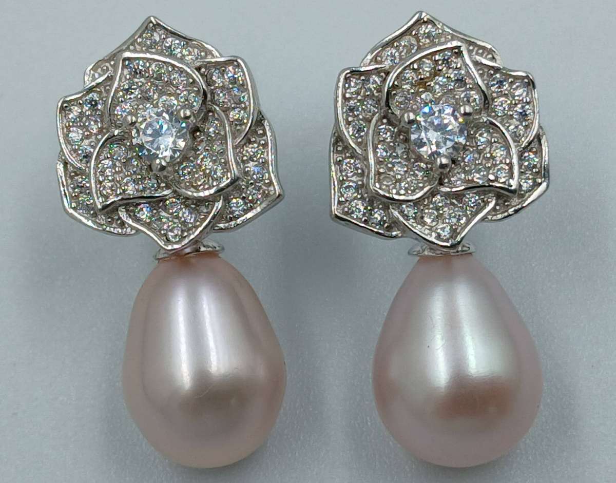 Pearl Camellia Flower Sterling Silver Stud Earrings