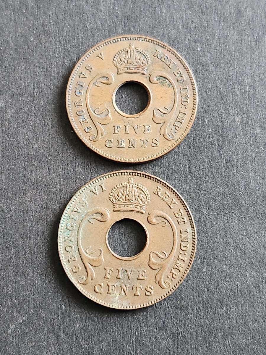 2 x East Africa 5 Cents 1935/1941 - as per photograph
