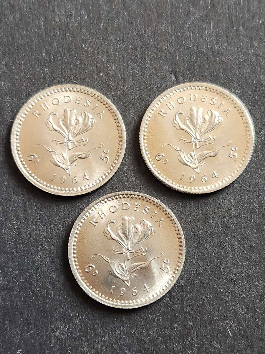 3 x Rhodesia 5 Cents 1964 EF+/UNC  - as per photograph
