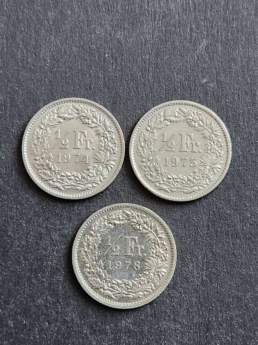 3 x Swiss 1/2 Francs 1974/1975/1978 - as per photograph