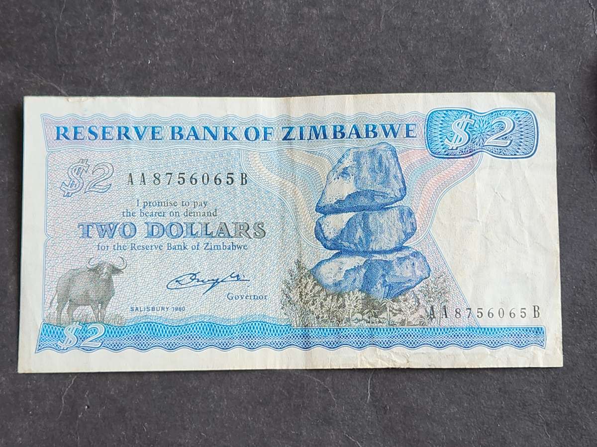 Reserve Bank of Zimbabwe 2 Dollars AA series Salisbury 1980 (Bird Watermark) - as per photograph