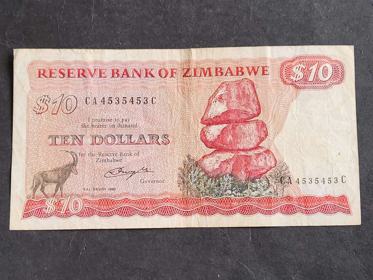 Reserve Bank of Zimbabwe 10 Dollars AA series Salisbury 1980 (Bird Watermark) - as per photograph