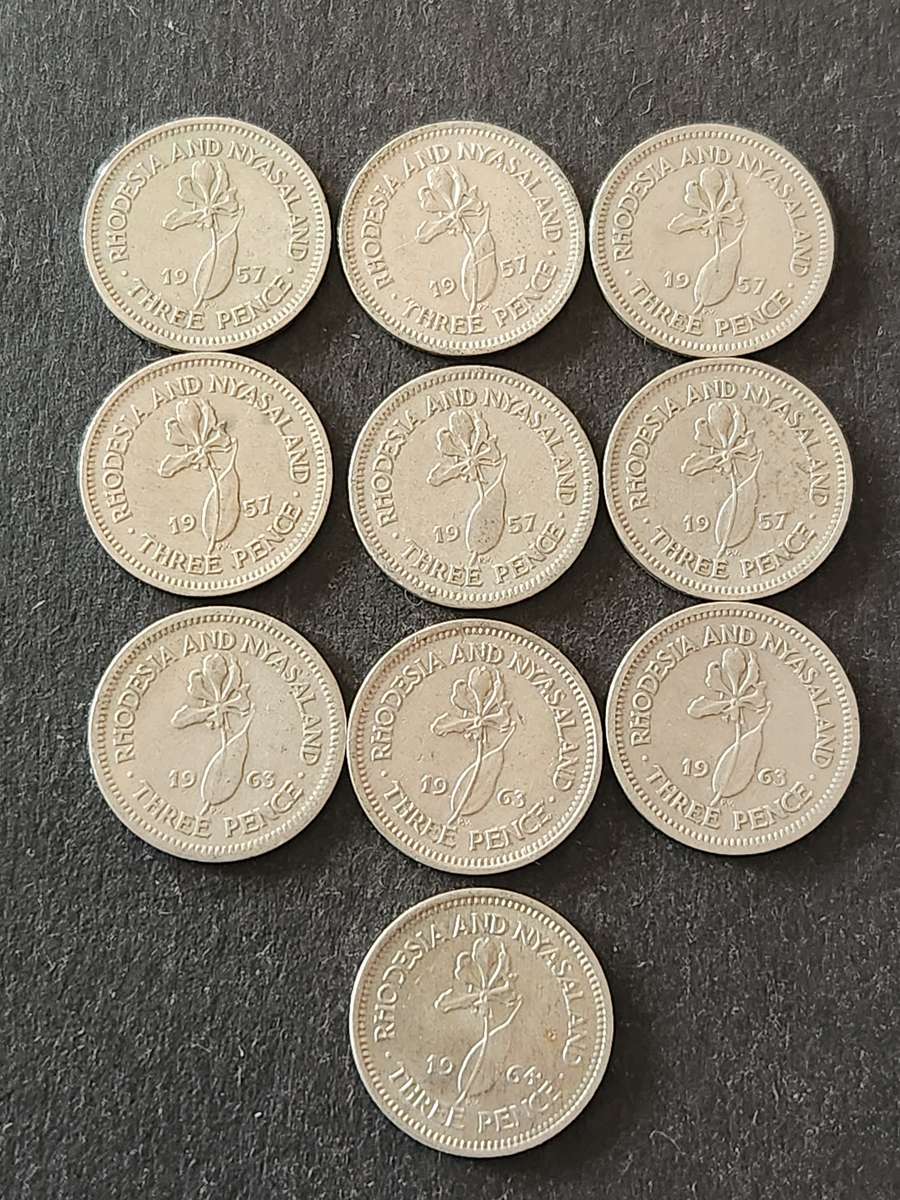 10 x Rhodesia and Nysaland Threepence (various dates)