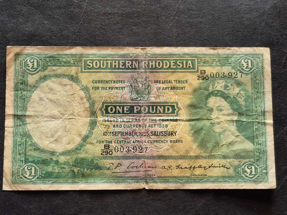 Southern Rhodesia One Pound Salisbury Rhodes Watermark 10 September 1955