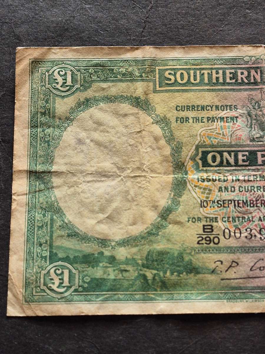 Southern Rhodesia One Pound Salisbury Rhodes Watermark 10 September 1955