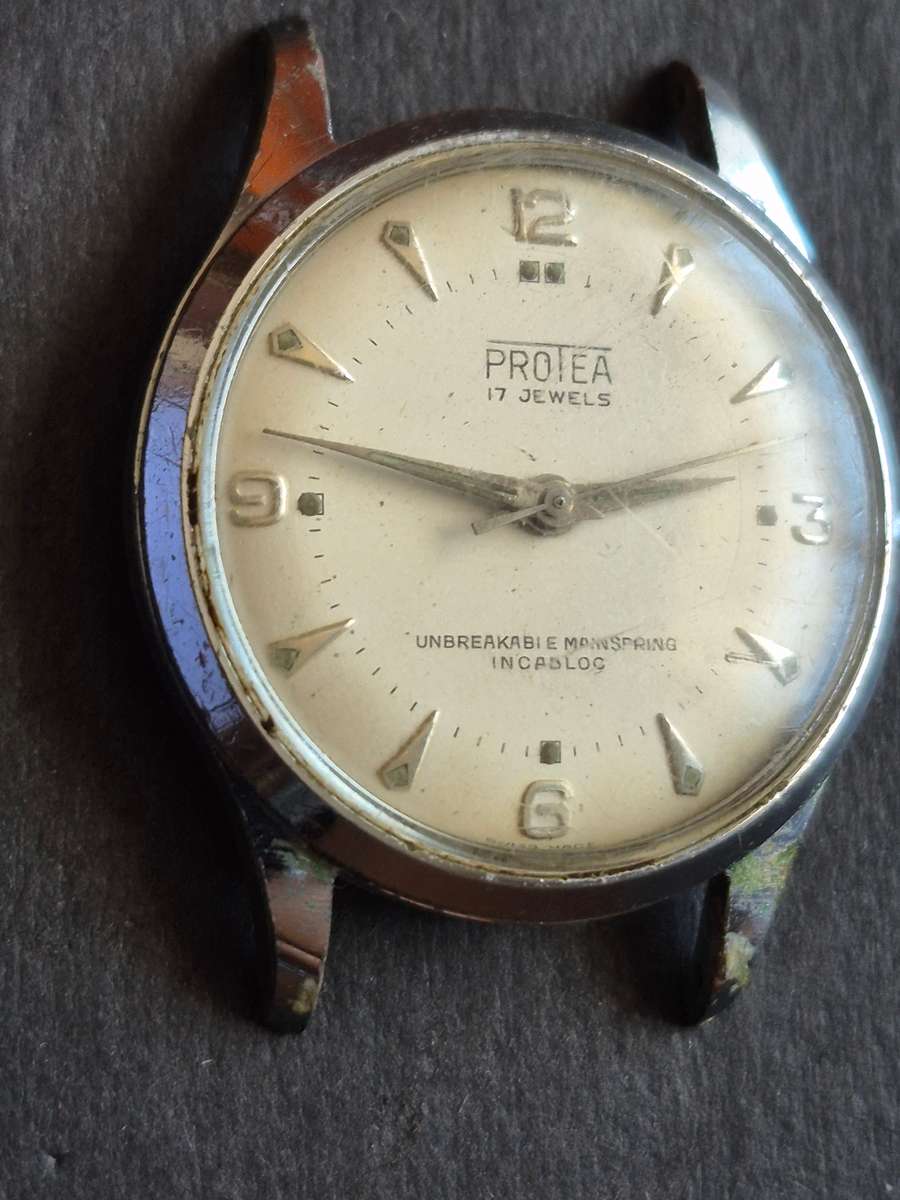 Vintage Protea 17 Jewels Unbreakable Mainspring Incabloc Men's Wrist Watch- missing winder-not work