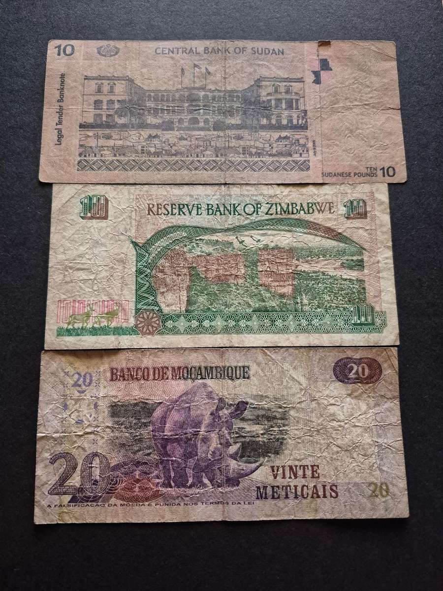 3 x Africa Notes Sudan 10 Pounds,  Zimbabwe 10 Dollars and Mozambique 20 Meticais