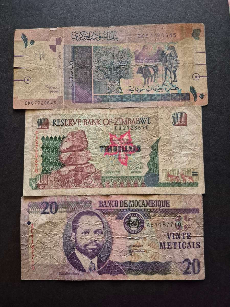 3 x Africa Notes Sudan 10 Pounds,  Zimbabwe 10 Dollars and Mozambique 20 Meticais