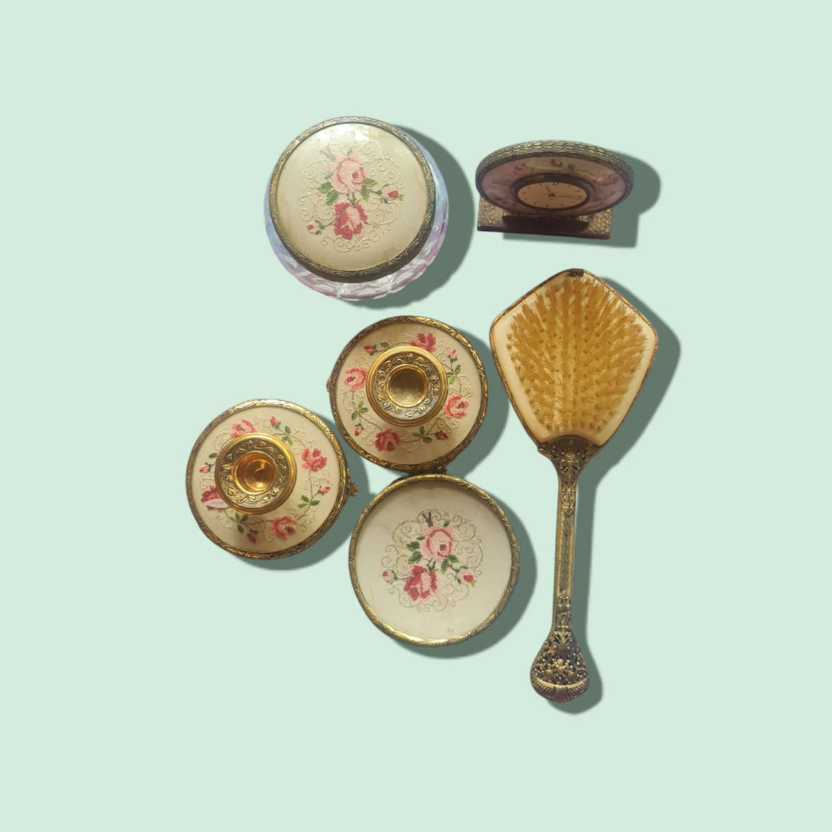 Vintage Petit Point Lace and Ormolu Gold Dressing Table Vanity Dresser Set