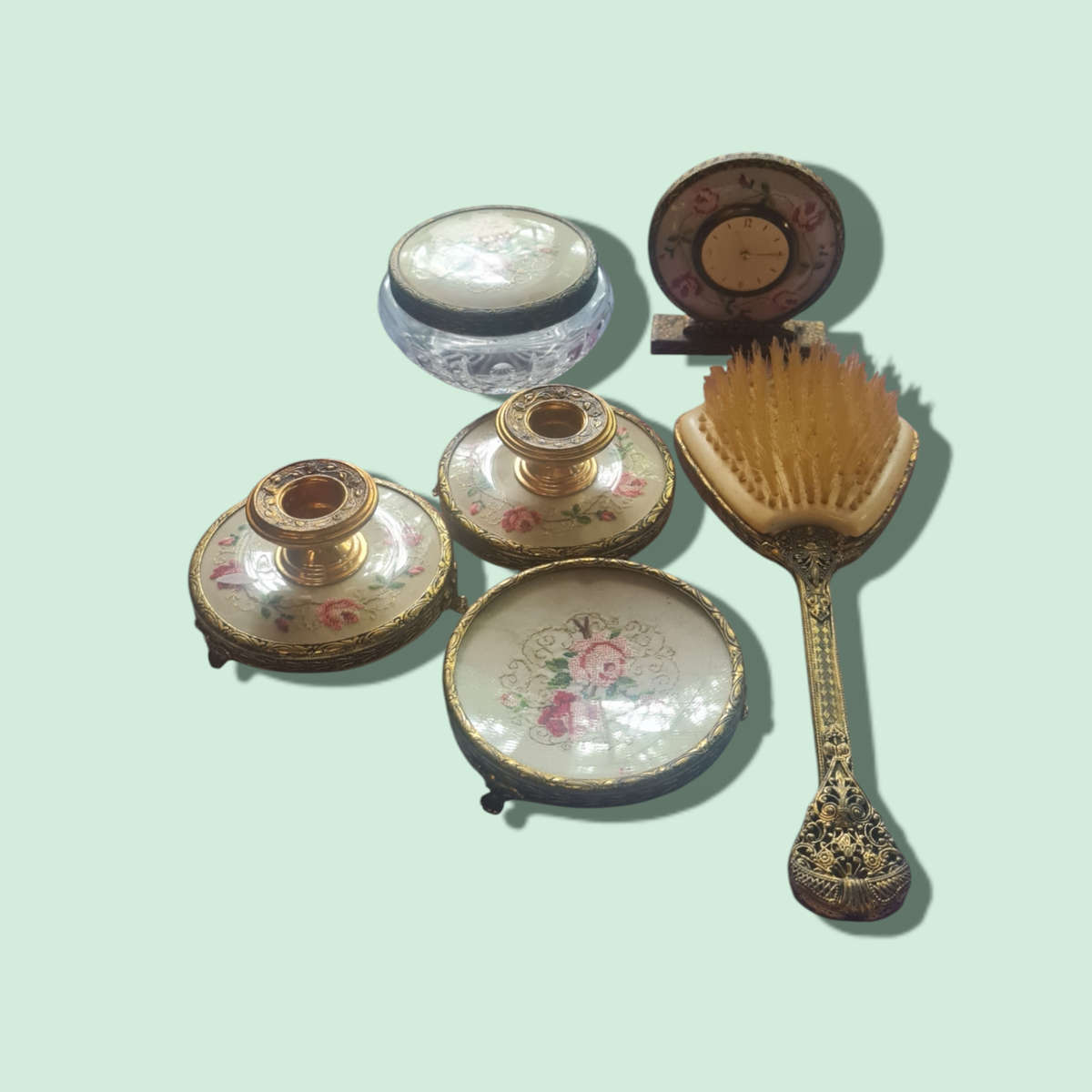 Vintage Petit Point Lace and Ormolu Gold Dressing Table Vanity Dresser Set