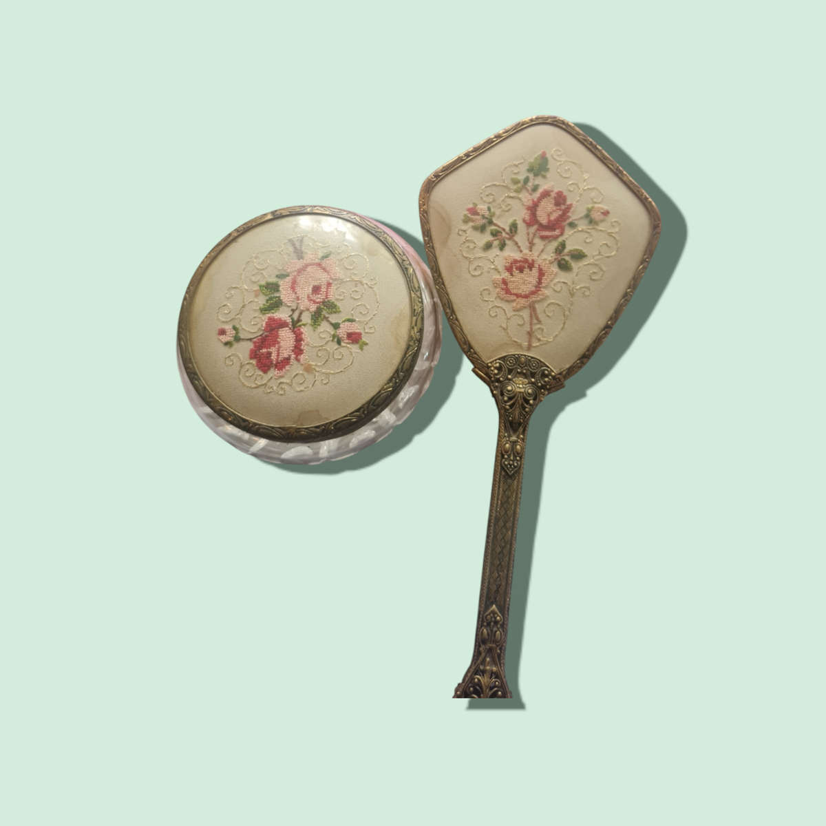 Vintage Petit Point Lace and Ormolu Gold Dressing Table Vanity Dresser Set