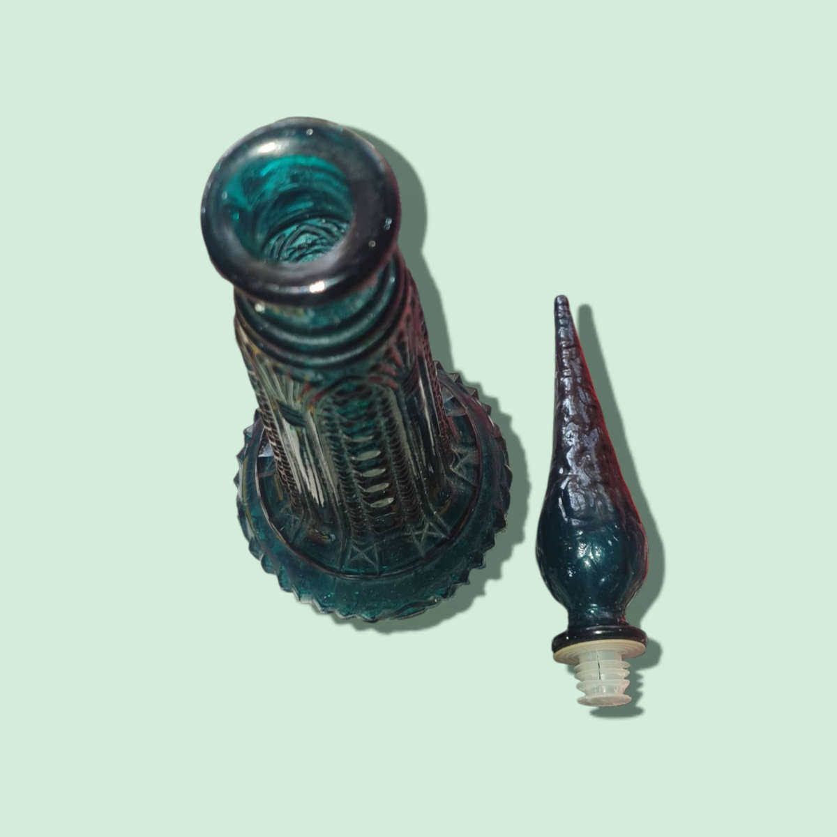 1960s Unique Empoli Art Glass Genie Bottle  Teal