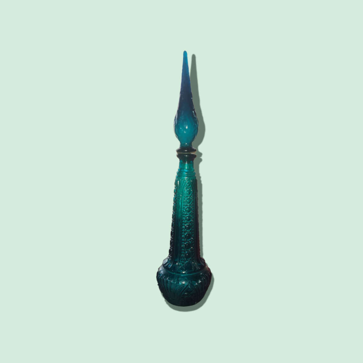 1960s Unique Empoli Art Glass Genie Bottle  Teal