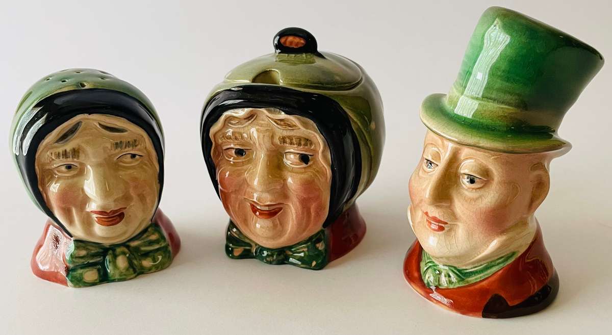 Beswick Dickens ware condiment set (salt and pepper shaker and mustard pot)