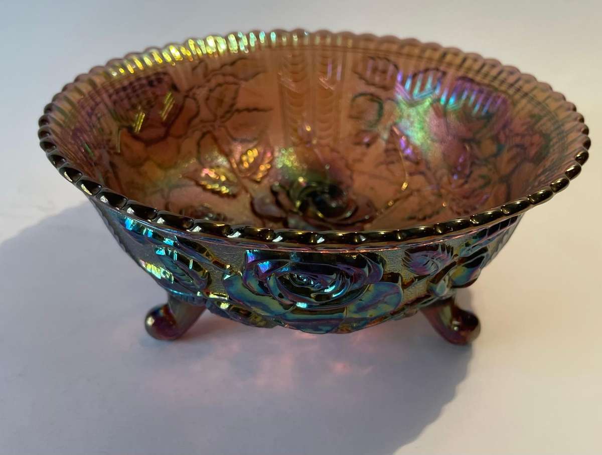 Stunning Imperial luster rose carnival glass 3 footed bowl