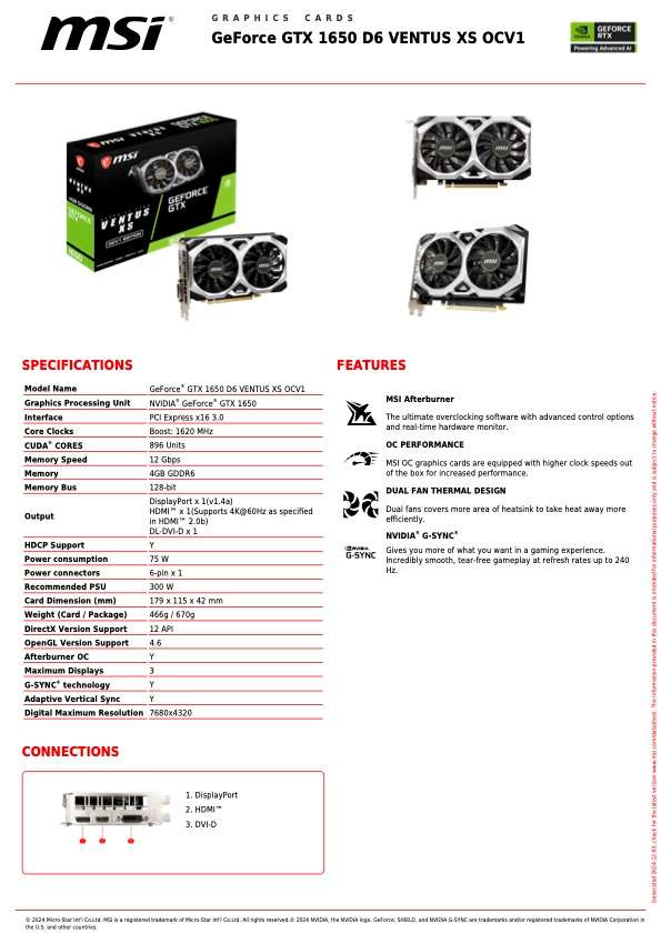 MSI GeForce GTX 1650 D6 Ventus XS Desktop Graphics Card