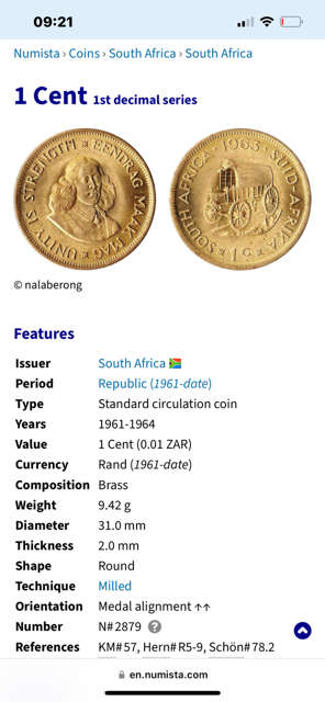 1964 RSA 1 cents (1st Decimal series)