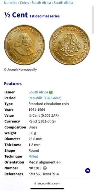 1964 RSA 1/2 cents (1st Decimal series)