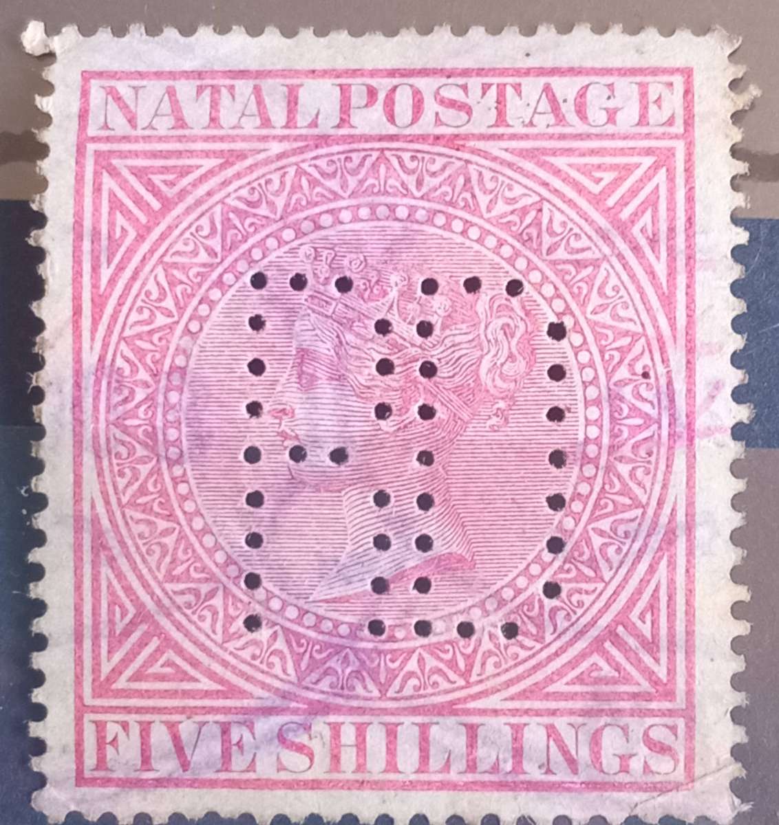 NATAL 1974-1878 5 Shilling perf 'RD' VFU