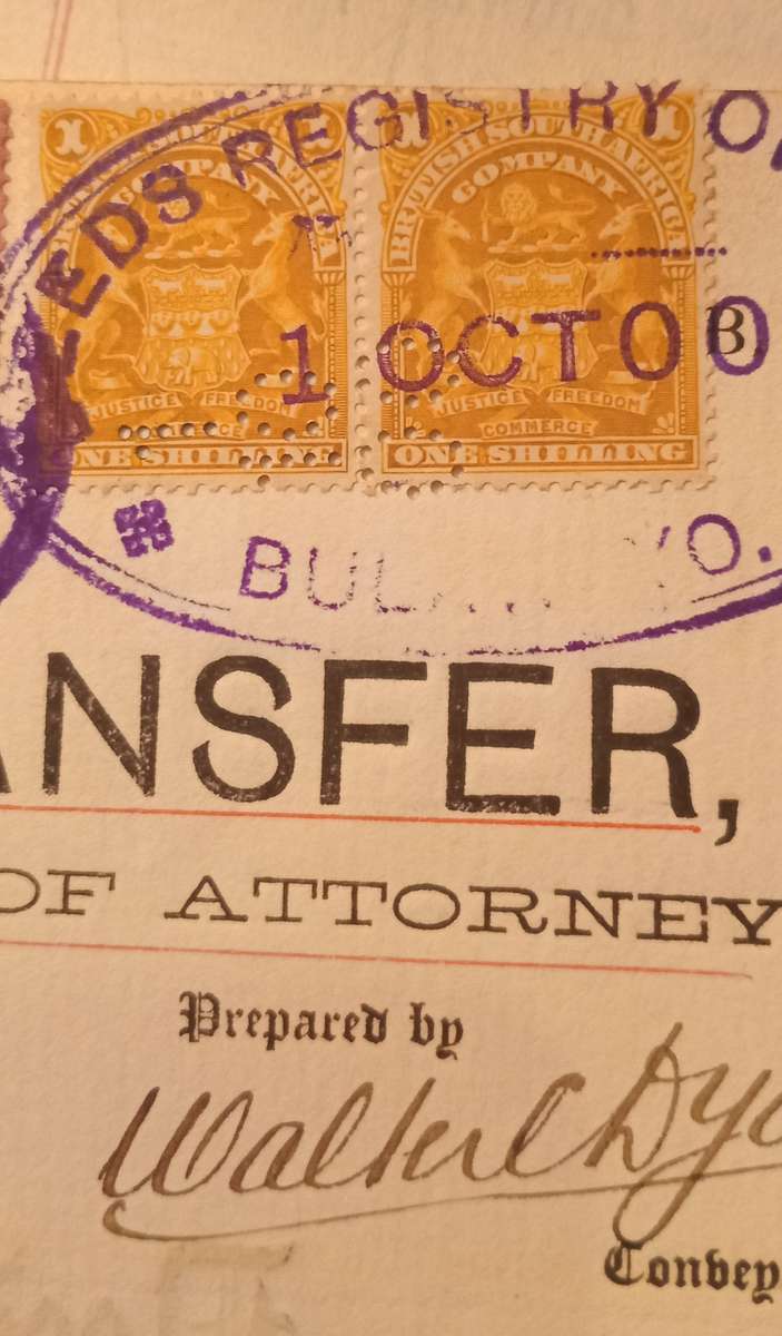 BSAC 1897 BULAWAYO Registry with £1 & 10s & 1 Shilling Pair on Deed of Transfer CV R3500+
