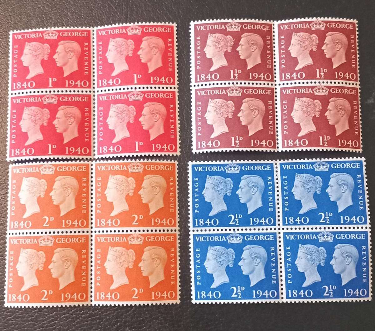 GREAT BRITAIN, 1940,Centenary of First Adhesive Stamps,1d,1 1/2d,2d&2 1/2d Blue. Blocks of 4 MNH