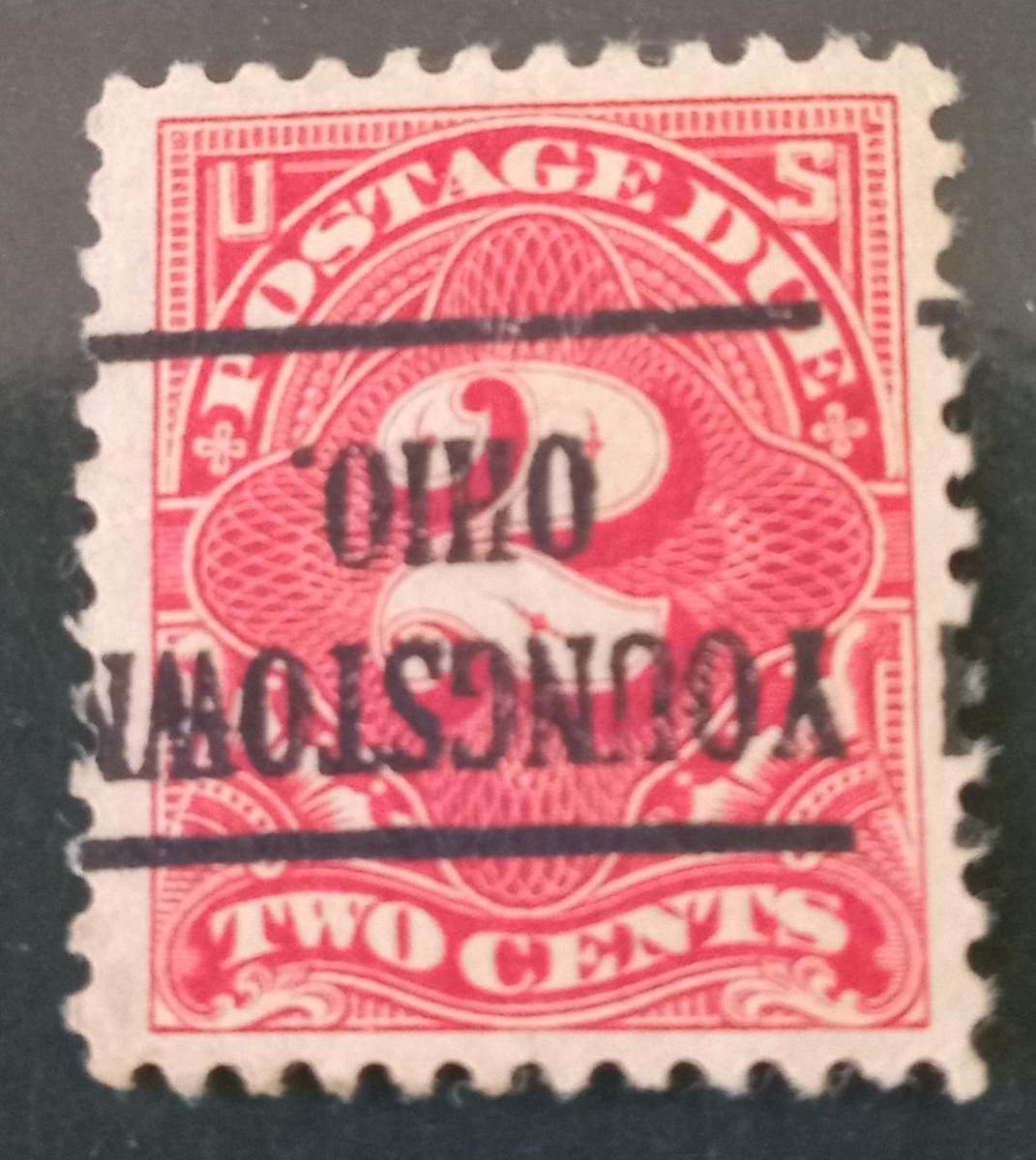 USA 1917 2 cent Postage Due with inverted pre cancel Youngstown Ohio. High CV