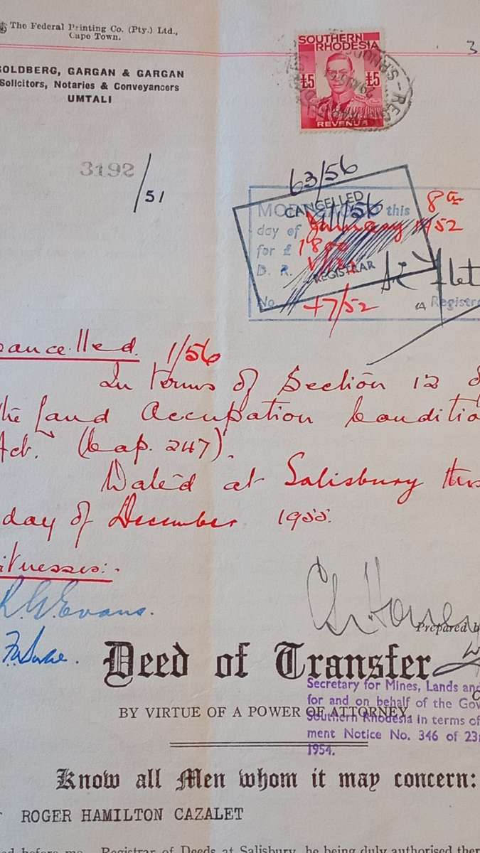 SOUTHERN RHODESIA 1937 KGVI, £5 REVENUE STAMP ON DEED OF TRANSFER Dated 1951