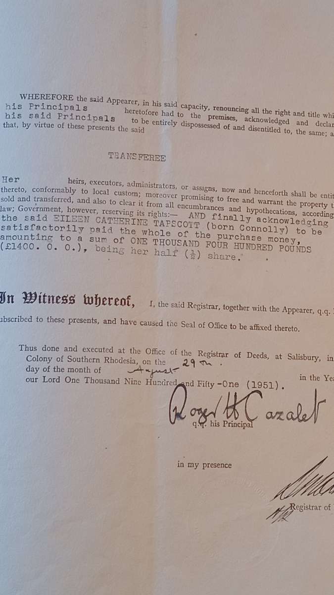 SOUTHERN RHODESIA 1937 KGVI, £5 REVENUE STAMP ON DEED OF TRANSFER Dated 1951