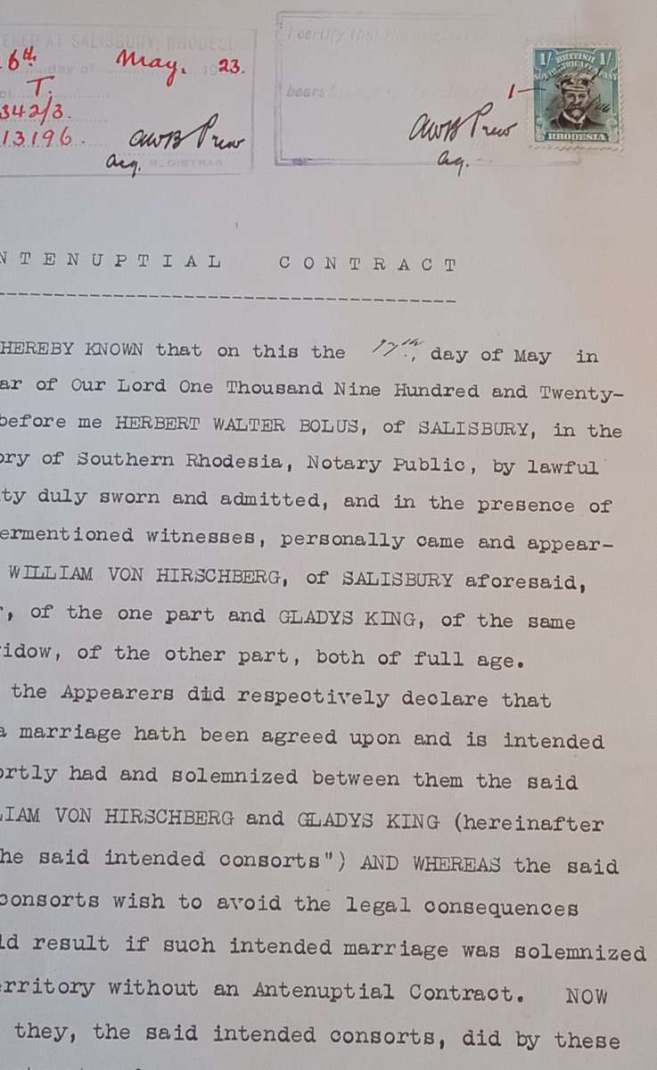 BSAC, Rhodesia, 1s used on Antenuptial contract dated May 1923 Black and Light Blue