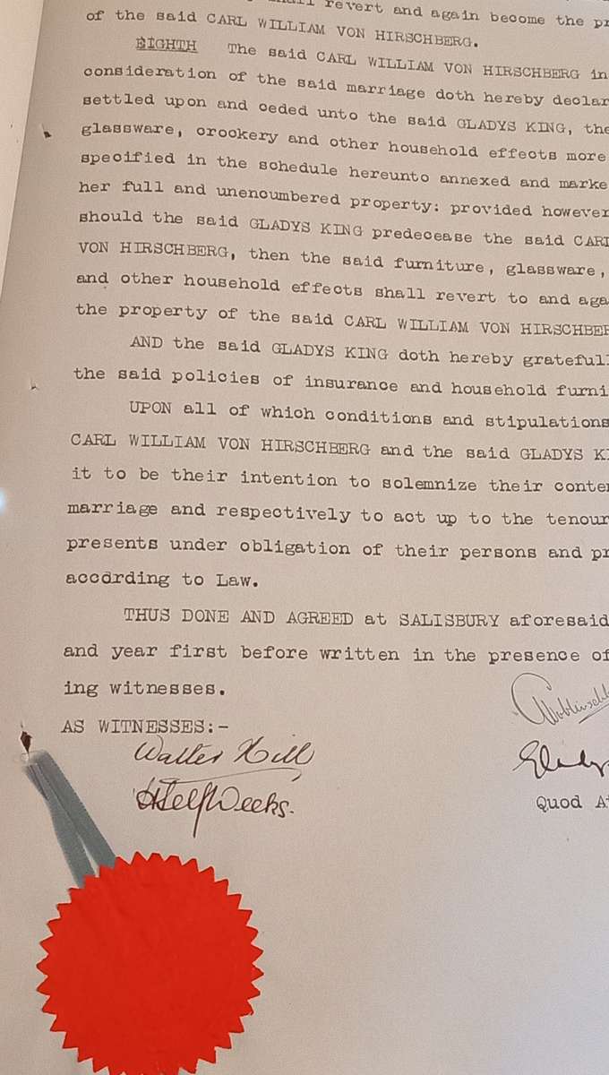 BSAC, Rhodesia, 1s used on Antenuptial contract dated May 1923 Black and Light Blue