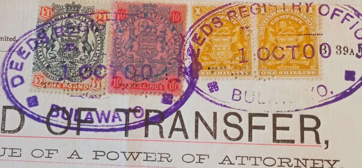 BSAC 1897 BULAWAYO Registry with £1 & 10s & 1 Shilling Pair on Deed of Transfer CV R3500+