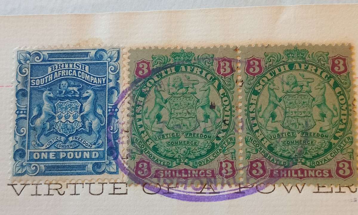 BSAC 1897 MASHONALAND Deep Blue £1 Pound(SG10)& 3/- pair(SG36) on Deed of Transfer CV R3800+
