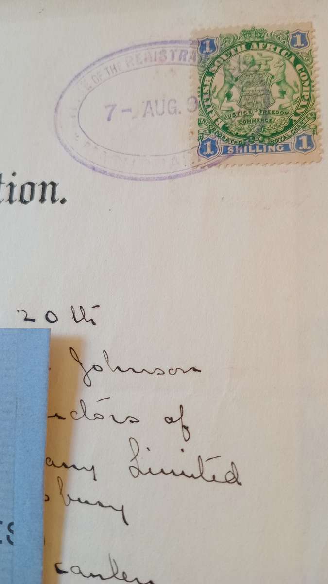 BSAC 1897 MASHONALAND Deep Blue £1 Pound(SG10)& 3/- pair(SG36) on Deed of Transfer CV R3800+