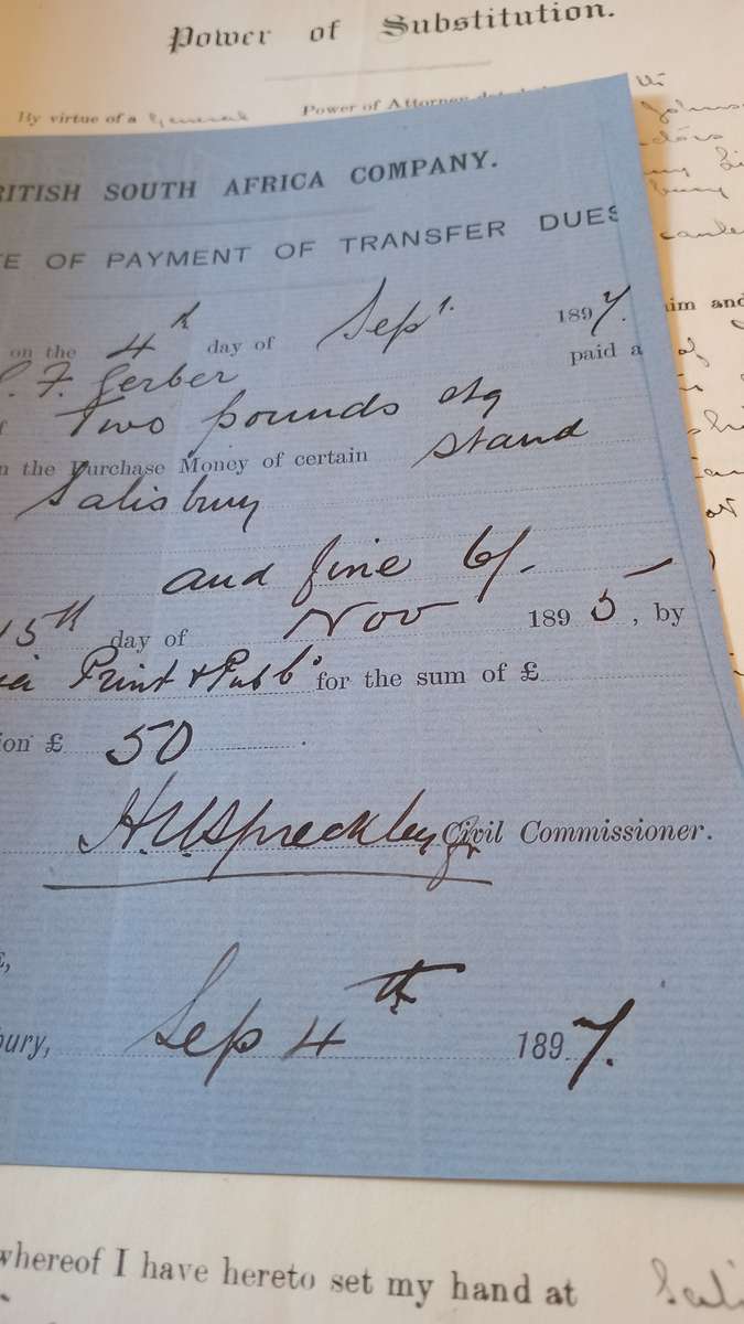 BSAC 1897 MASHONALAND Deep Blue £1 Pound(SG10)& 3/- pair(SG36) on Deed of Transfer CV R3800+