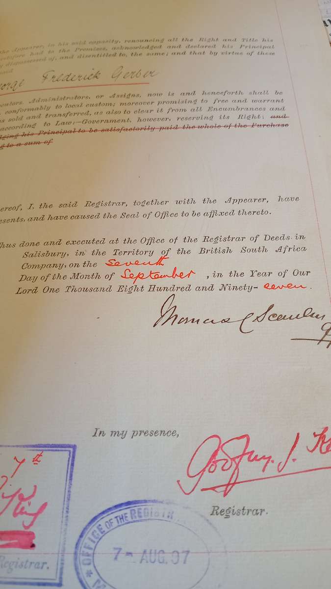 BSAC 1897 MASHONALAND Deep Blue £1 Pound(SG10)& 3/- pair(SG36) on Deed of Transfer CV R3800+