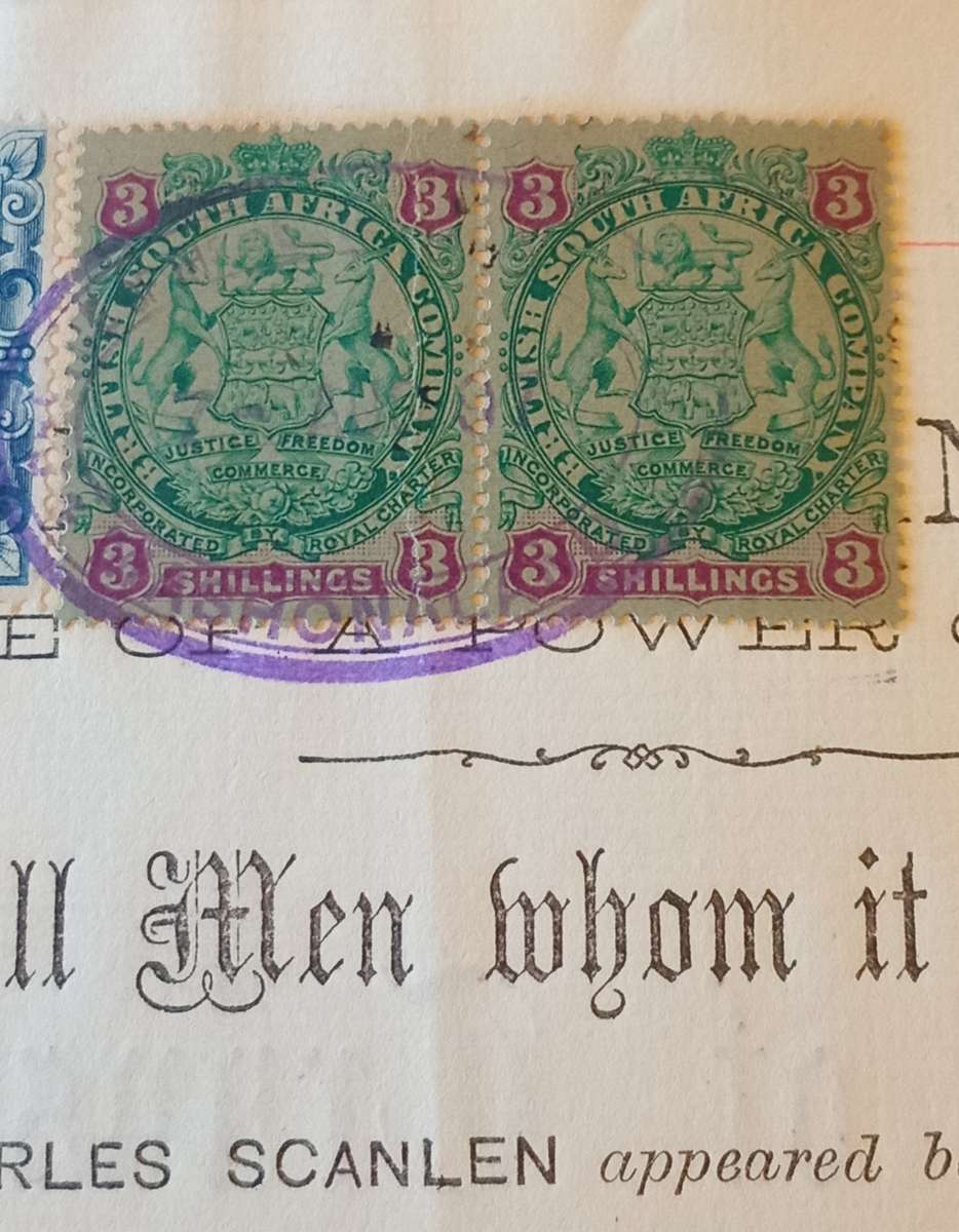 BSAC 1897 MASHONALAND Deep Blue £1 Pound(SG10)& 3/- pair(SG36) on Deed of Transfer CV R3800+