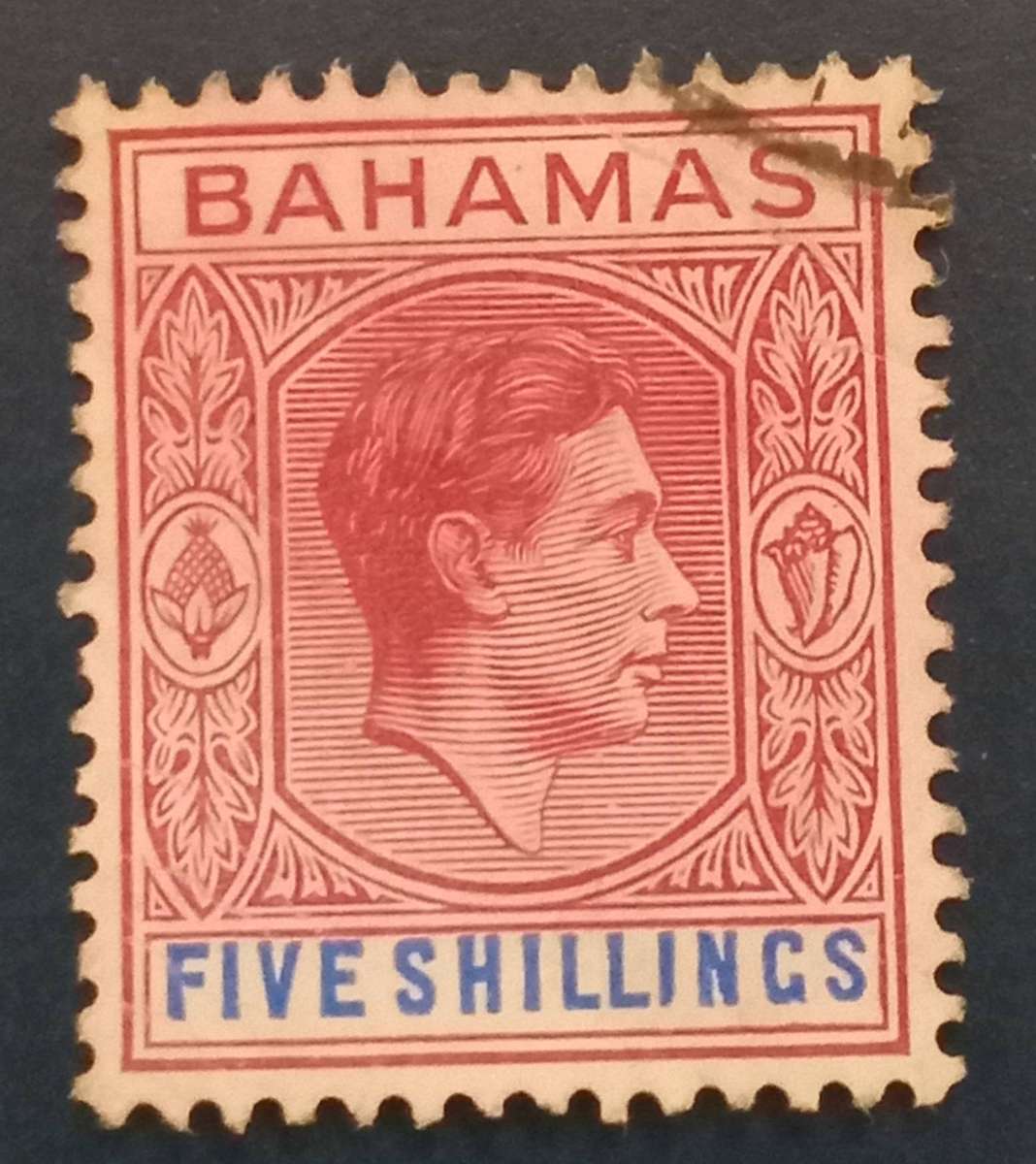 BAHAMAS SG156e 1951 5/- RED-PURPLE & DEEP BRIGHT BLUE, Scarce Shade CV $40+