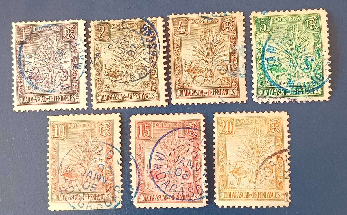 FRENCH MADAGASCAR, 1903 early Lemur issue used Selection of 7 stamps
