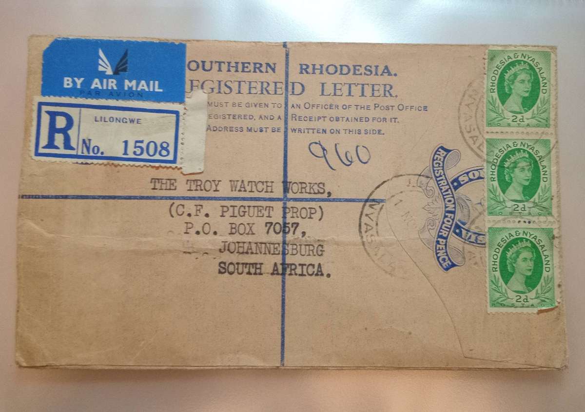 SOUTHERN RHODESIA REGISTERED AIRMAIL 1954, LILONGWE TO JHB(FROM THE PROVINCIAL COMMISSIONER)