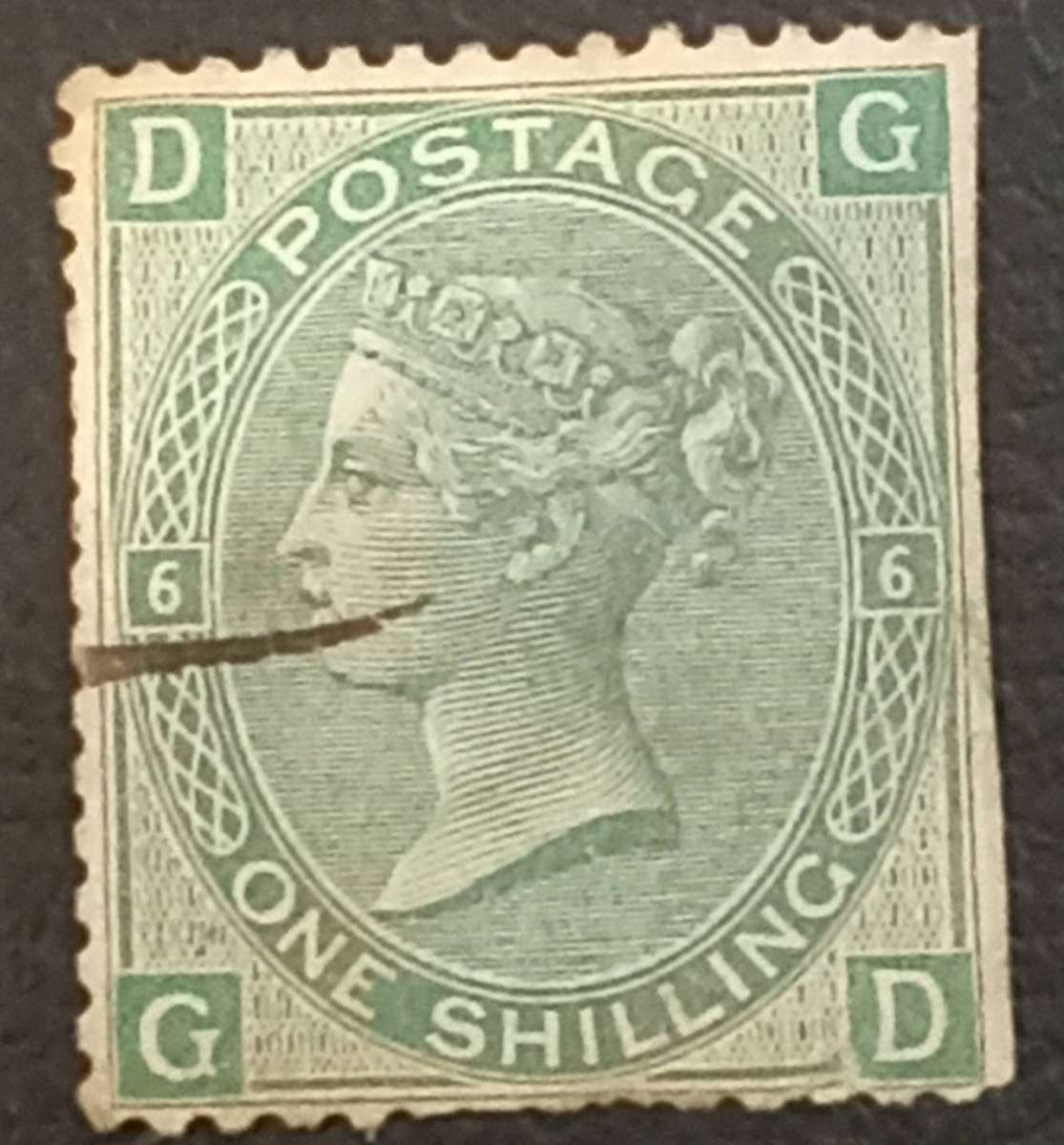 GB QV, 1867 1 SHILLING Green SG 117 Plate 6(D.G.)Watermark, Spray of Rose