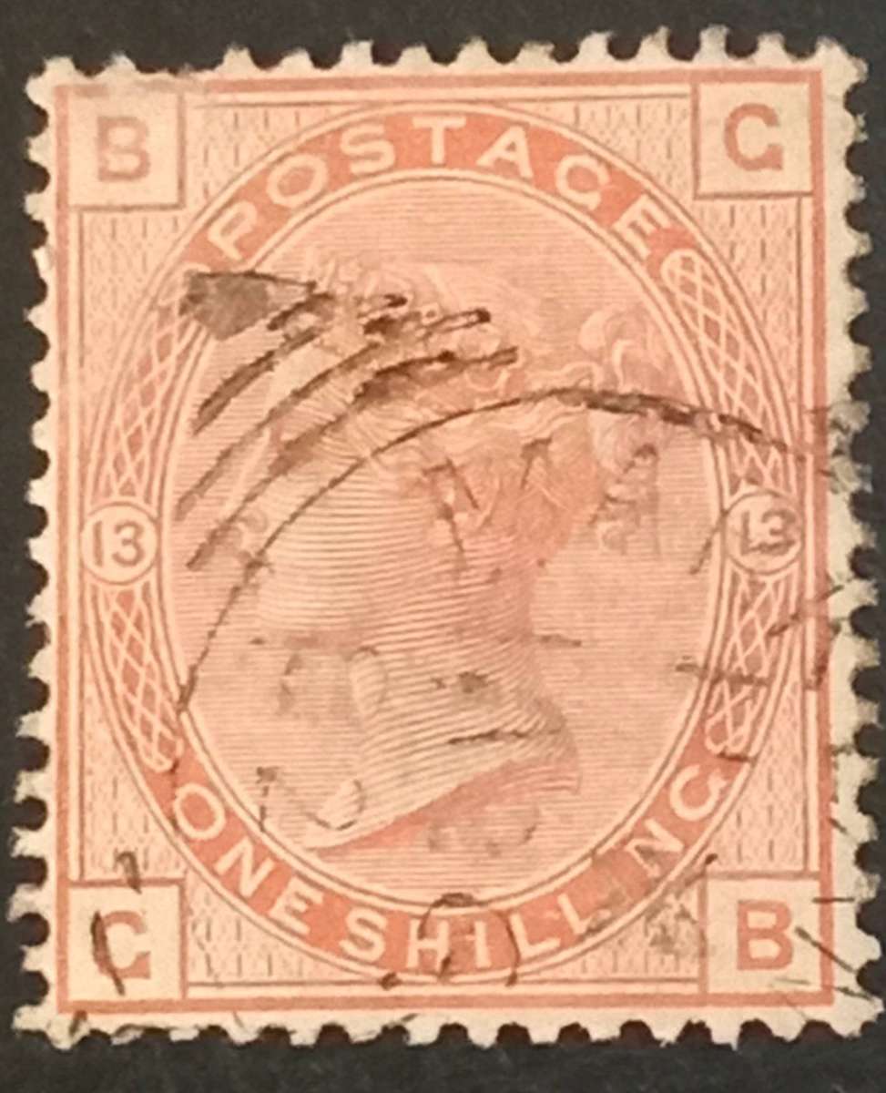 GB QV Stamp SG163, 1s orange-brown plate 13, VFU WITH "I' VERY FAINT,ALMOST OMMITED CV £160+.