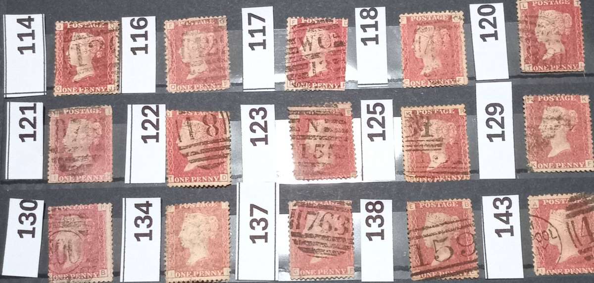 GB QV 1868 SG43/44, 15 x 1d Penny Red, Good Used, All different Plate nrs