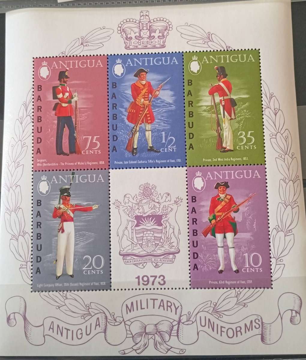 ANTIGUA 1973 MINI SOUVENIR SHEET MNH MILITARY UNIFORMS