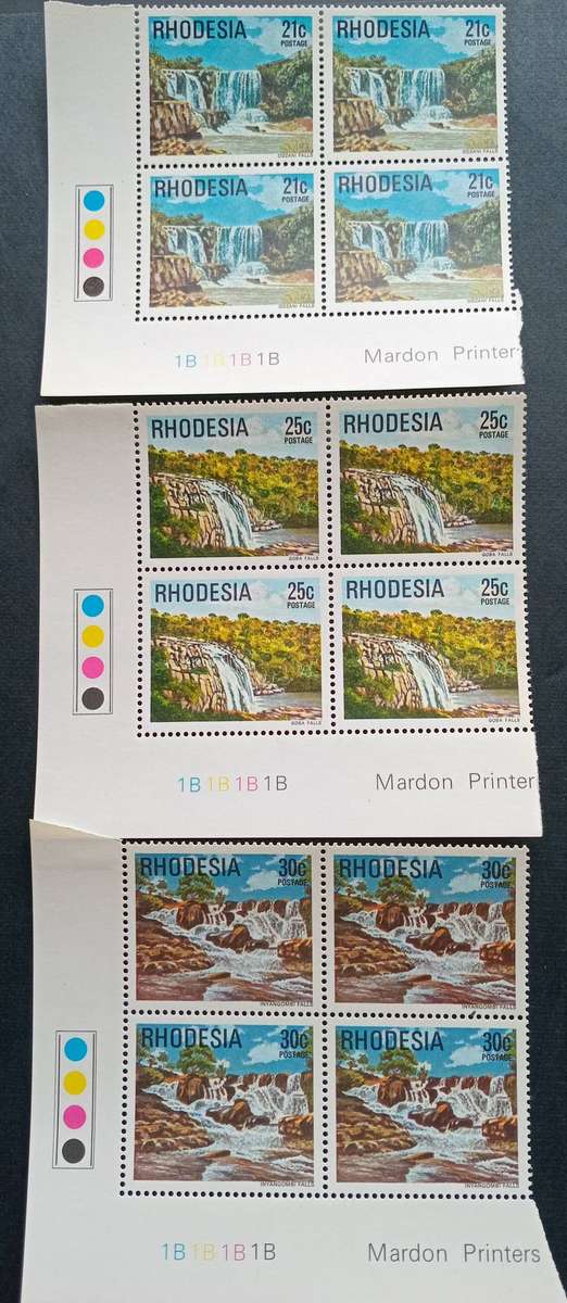 Rhodesia 1978 Waterfalls MNH Mardon printers 3 Control Blocks of 4