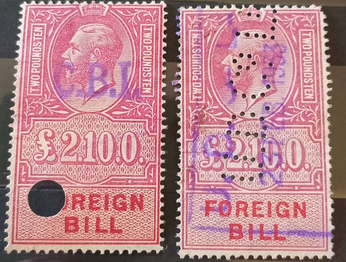 GB 1933 2 x KGV FOREIGN BILL's, £2/10s/0d. Clear 1933 hand cancel(purple) CV R800+