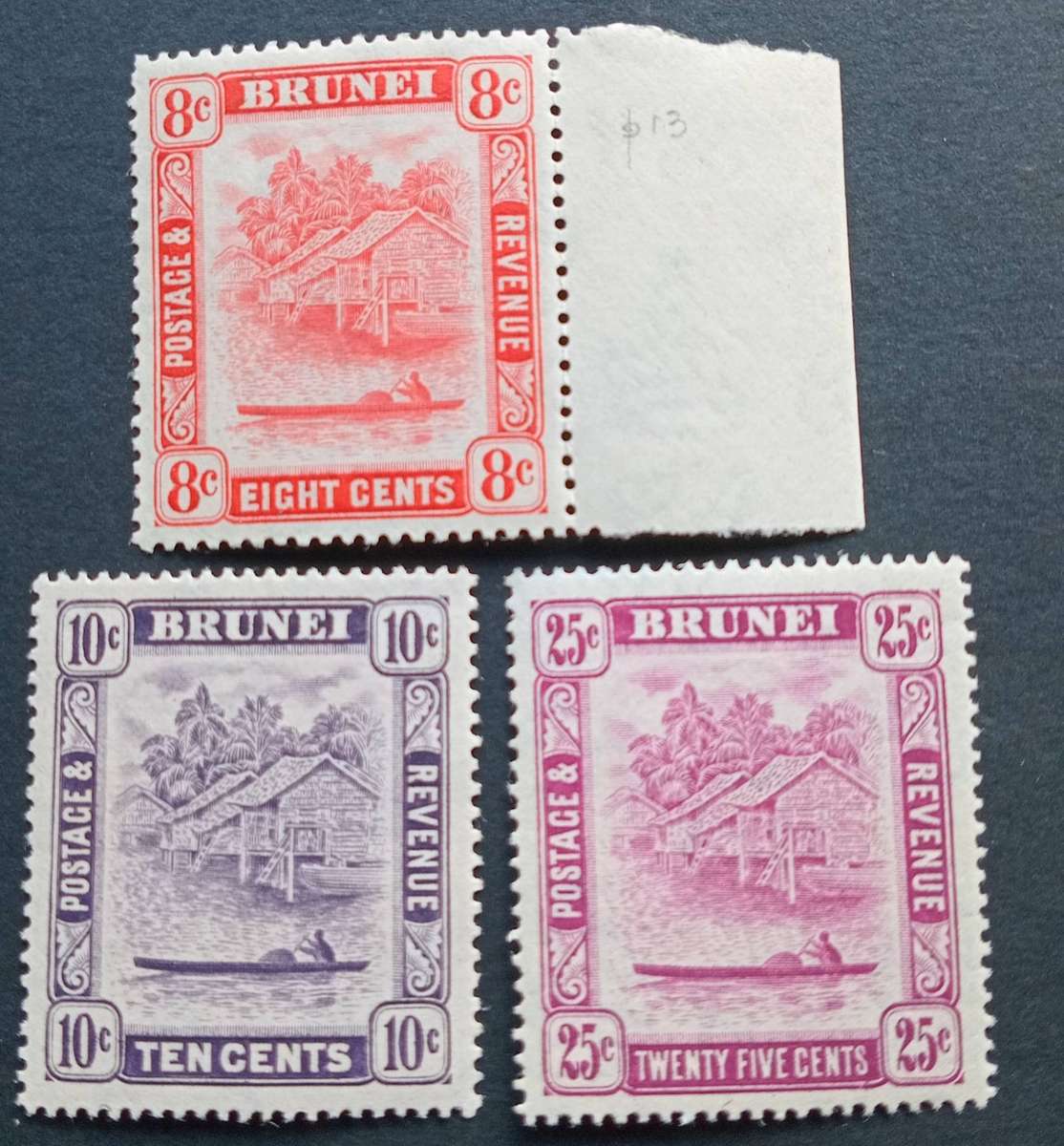 BRUNEI 1931 8c(p13)+10c & 25c View on Brunei River MNH CV R2000+